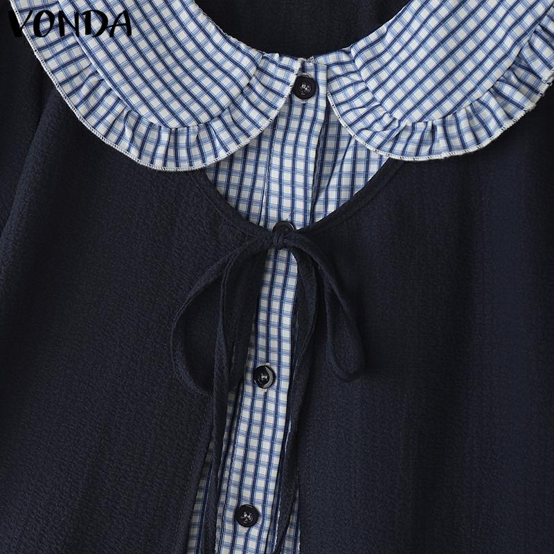 VONDA Women Girls Puff Sleeve Bow Knot Fake Two-piece Plaid Casual Blouse