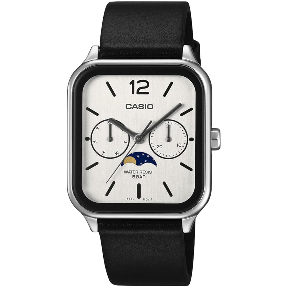 Casio Collection MTP-M305L-7AJF Men s Watch with Moon Phase Function White and Black Dial Leather Strap