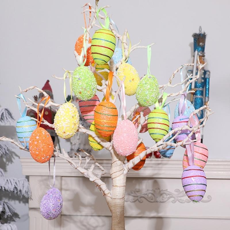 6PCS Set Easter Decorations Ornaments Bright Color Striped Foames Eggs Decorations for Easter Holiday Occasion