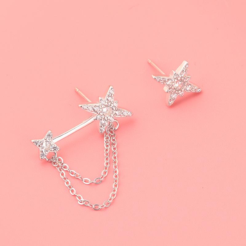 S925 Sterlingsilber Asymmetrische Stern Diamant Ohrstecker mit Kette für Damen - Mori Stil
