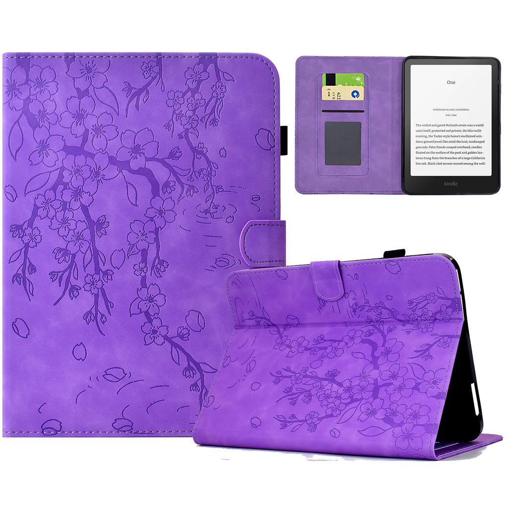For Amazon Kindle Paperwhite (2024) Case Imprinted Plum Blossom Stand Card Slots Leather Tablet Cover with Auto Sleep/Wake