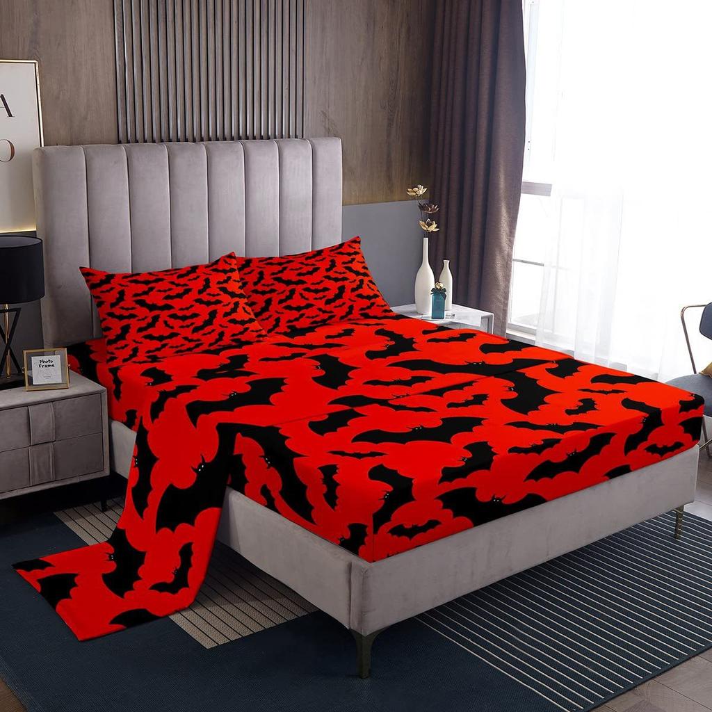Halloween Bat Pattern Bed Hat Four-Piece Bedding Set Bedroom Dormitory Bedding Decoration