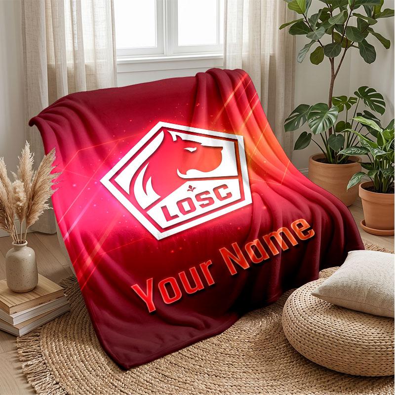 LOSC Lille Custom Name Text Flannel Blanket Soccer Logo Personalized Fleece Throw Blanket Special Gift For Sofa Bedroom Home
