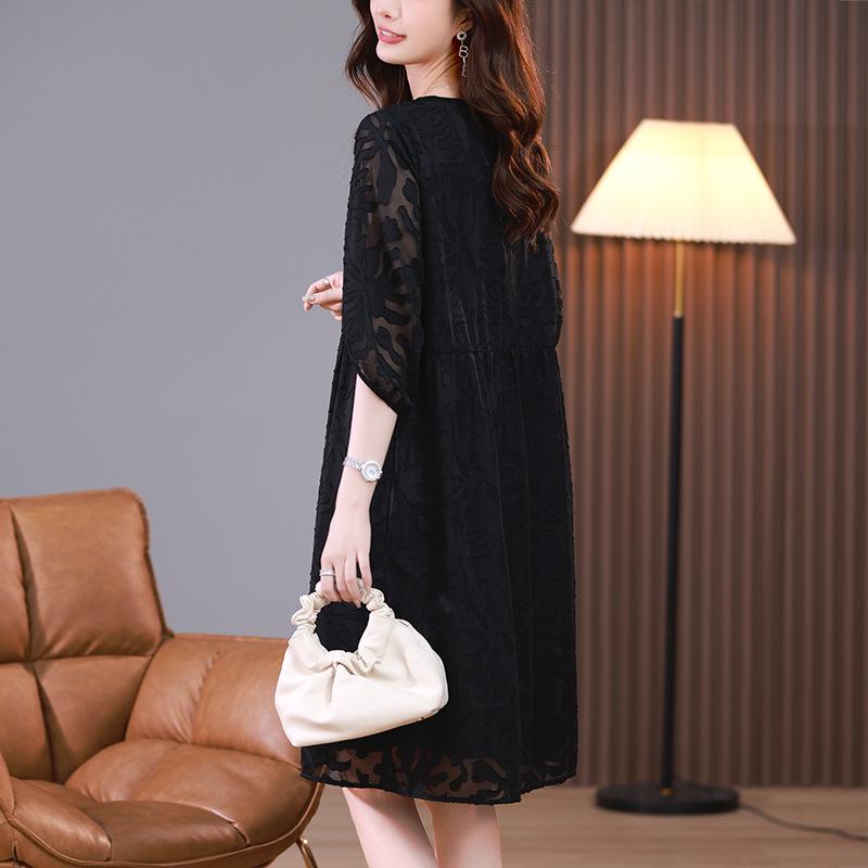 Summer Plus-Size Chiffon Puff Sleeve Lace Dress - High-End 2025 Collection