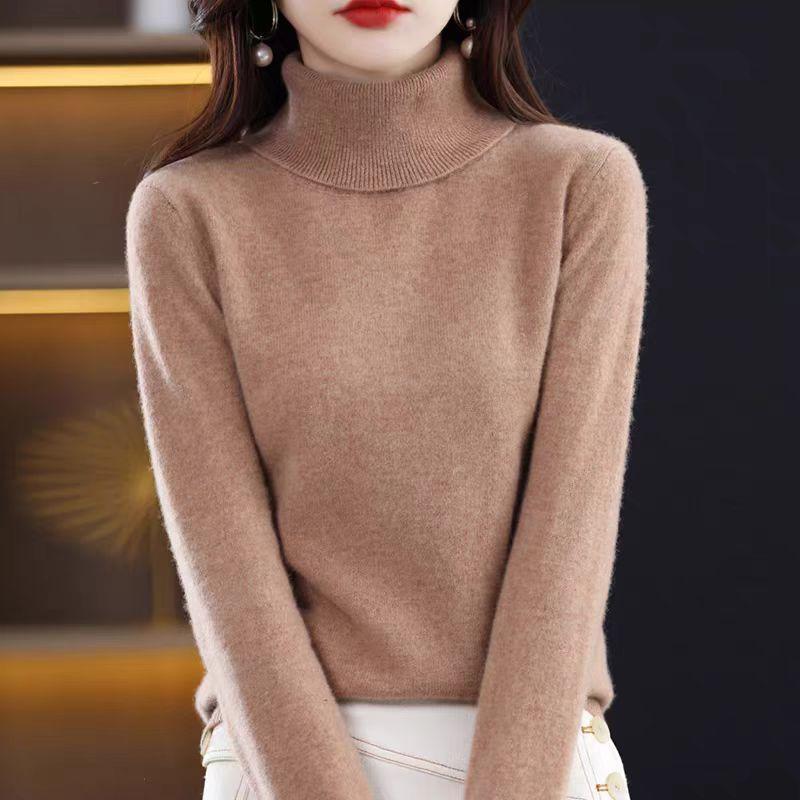 Turtleneck Cashmere Sweater for Women's Spring Autumn and Winter Casual Long-sleeved Pullover Solid-color Knitted Sweater and Slim Lapel Top