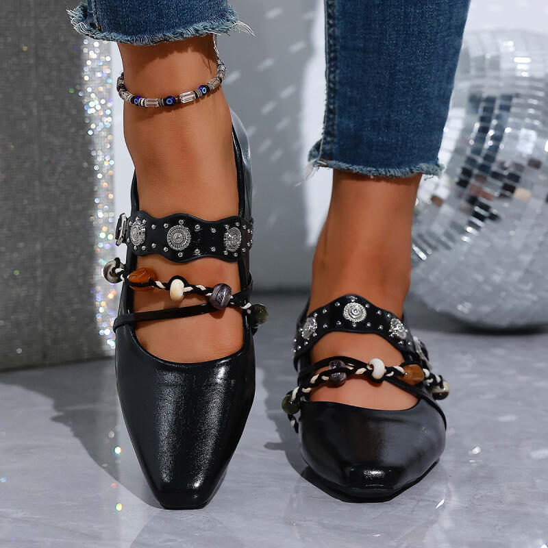 Vintage Metal Buckle Cross Strap Mary Jane Shoes Women  Spring Plastic Bead Medium Heel Loafers Woman's Bohemia Pumps Shoes