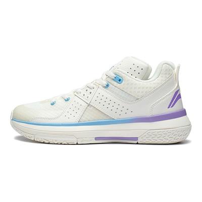 Li Ning All City 5 Antislip Slijtvaste Mid-Top Basketbalschoenen Heren Basketbalschoenen Wit Blauw Paars ABAS105-4