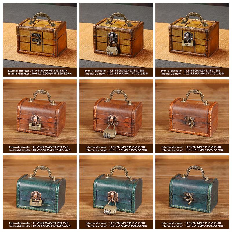 Wooden Antique Chest Box Medieval Vintage Mini Suitcase Treasure Necklaces Jewelry Organizer Gift Box with Lock Photo Green