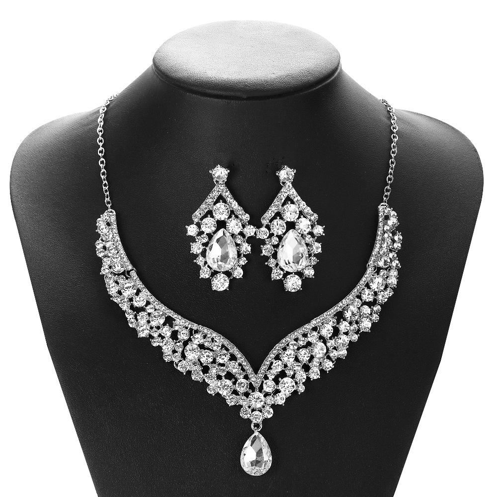 Creative New Exaggerated Crystal Necklace Earrings Bridal Wedding Jewelry Set