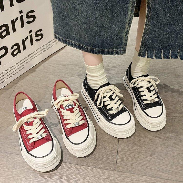 Retro Red Canvas Shoes Women's Thick Bottom  Spring and Autumn New Breathable Soft Bottom Wild Casual Low-Top Sneakers Fashion