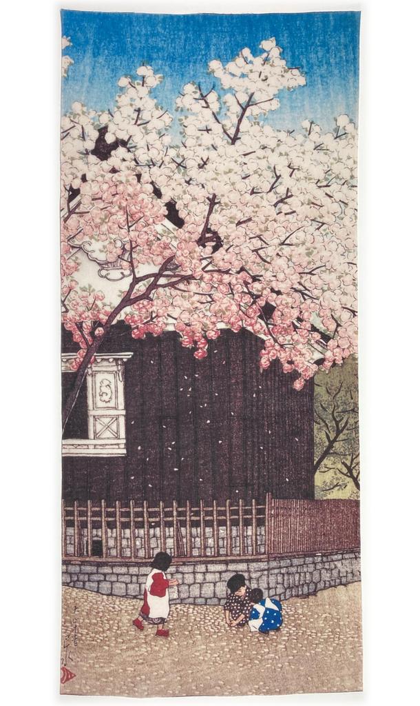 Ukiyo-e hand towel by Kawase Hasui, Twelve Subjects of Tokyo, Mount Atago in Spring