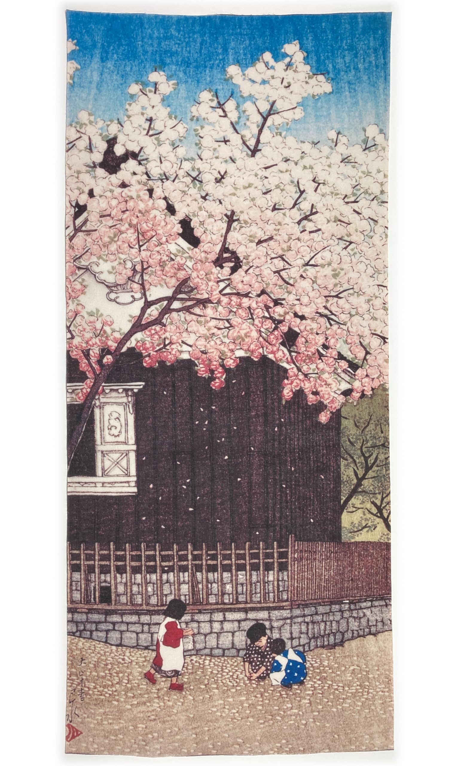 

Ukiyo-e hand towel by Kawase Hasui, Twelve Subjects of Tokyo, Mount Atago in Spring