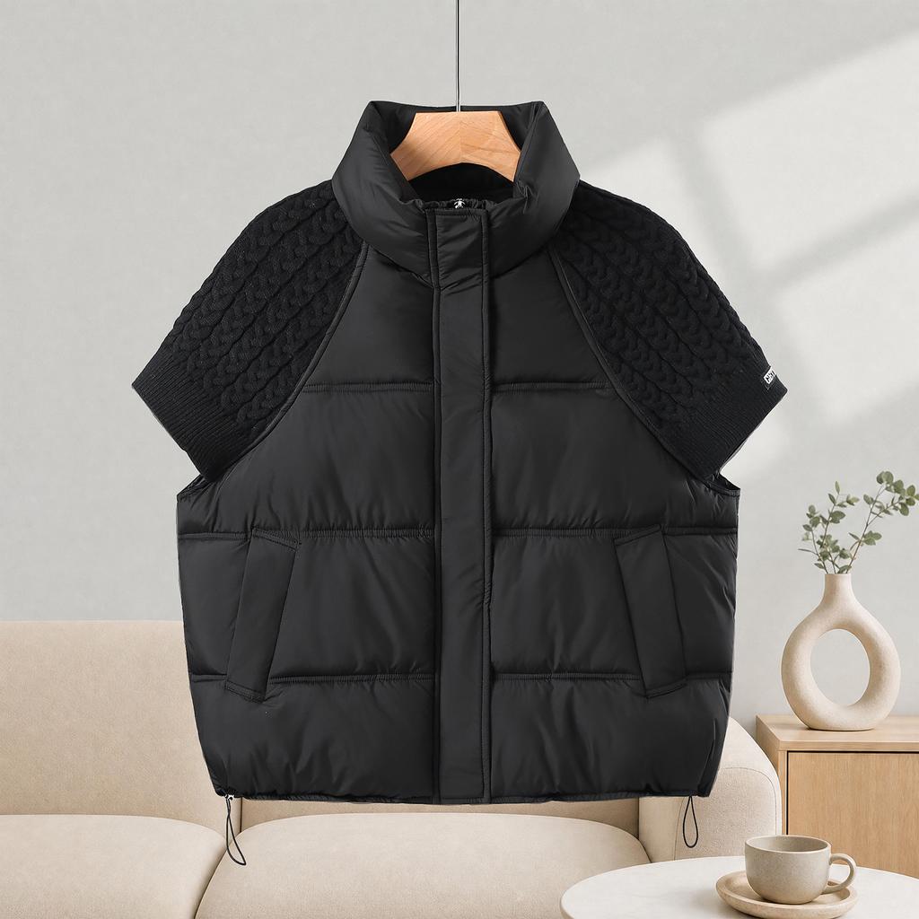 Fashion Knitted Stitching Stand-up Collar Cotton Vest Women Autumn Winter Short Warm Loose Sleeveless Ladies Waistcoat Coat