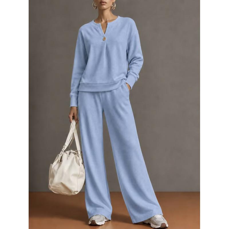 Women's 2 Piece Outfit Notch V Neck Henley Top and Wide Leg Pants Set Casual Solid Color Loungewear