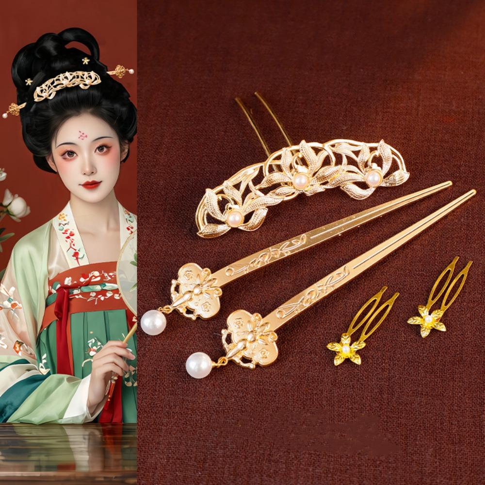 1 Set Pearl Tang Dynasty Hairpin Classical Flower Hair Comb Vintage Ancient Hair Stick  Women