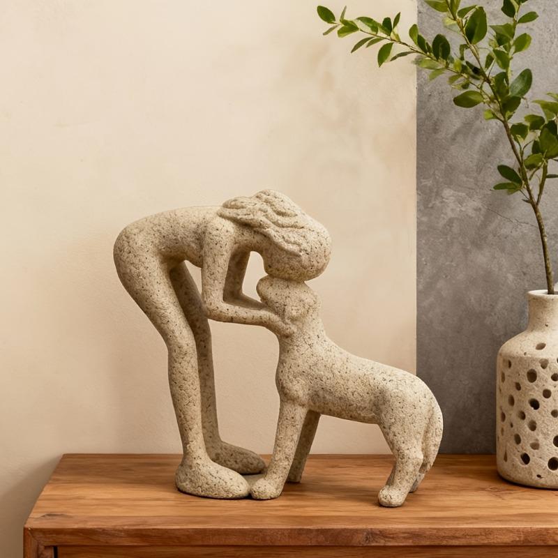 A Woman Kissing a Small Dog Resin Figurine a Warm Pet Interaction Scene Sculpture Sandstone Resin Ornament