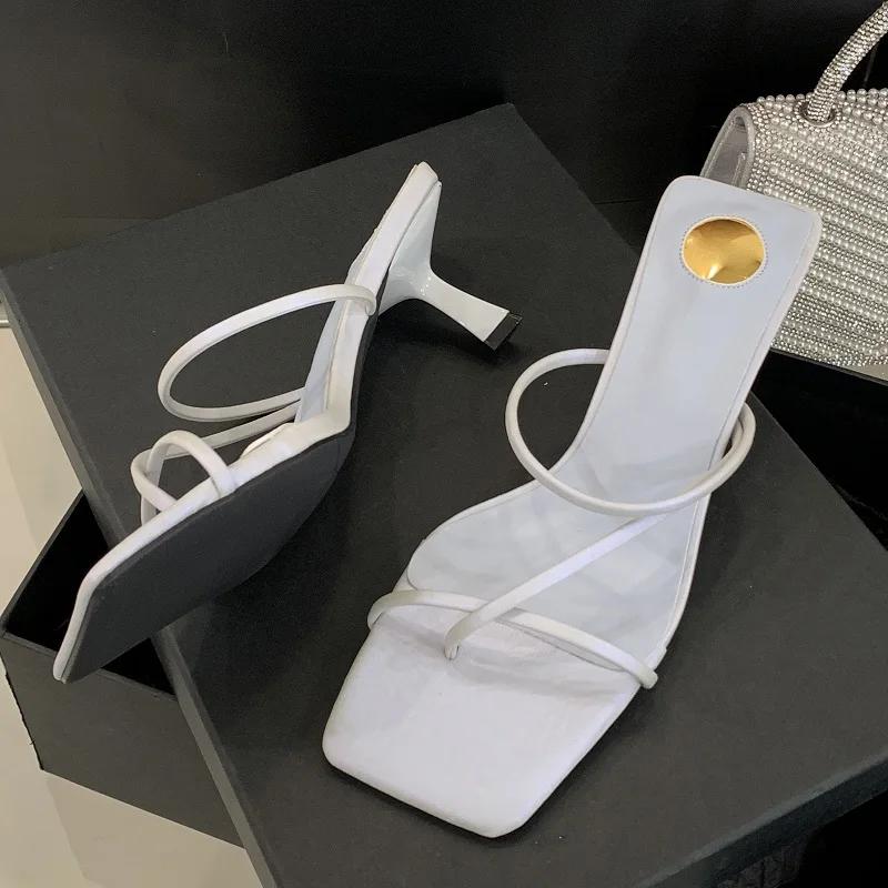 Eilyken New Summer Narrow Band Hollow Out Women Slippers Square Toe Thin Low Heels Party Ladies Shoes Zapatos De Mujer