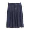 Pleated Midi Skirt With Natural Waist Solid Color Casual Long Skirt Women Skirts Dark-Denim-Blue ER47265