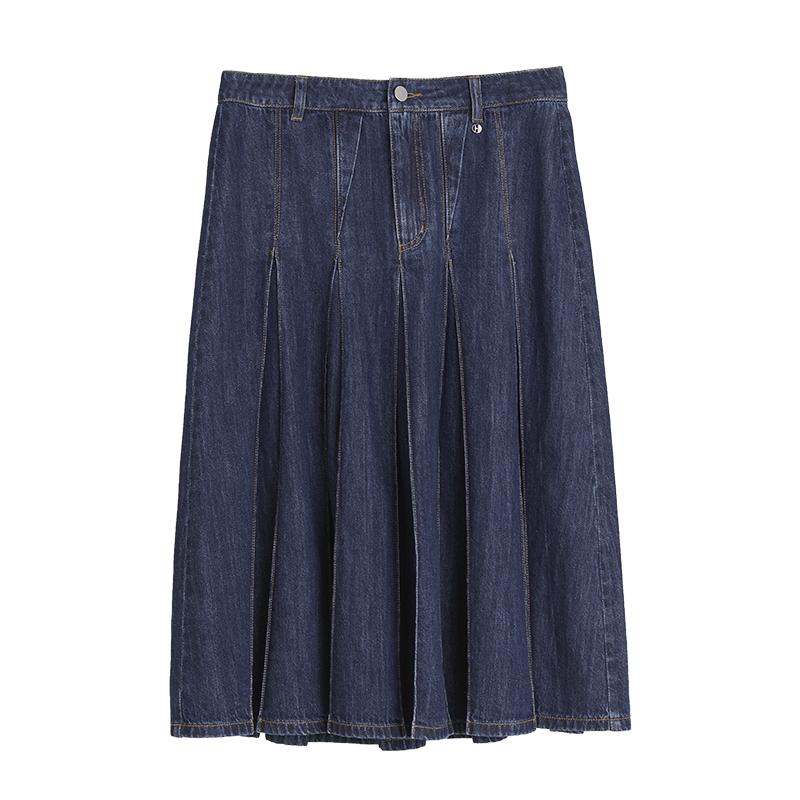 ELLE Pleated Midi Skirt With Natural Waist Solid Color Casual Long Skirt Women Skirts Dark-Denim-Blue ER47265