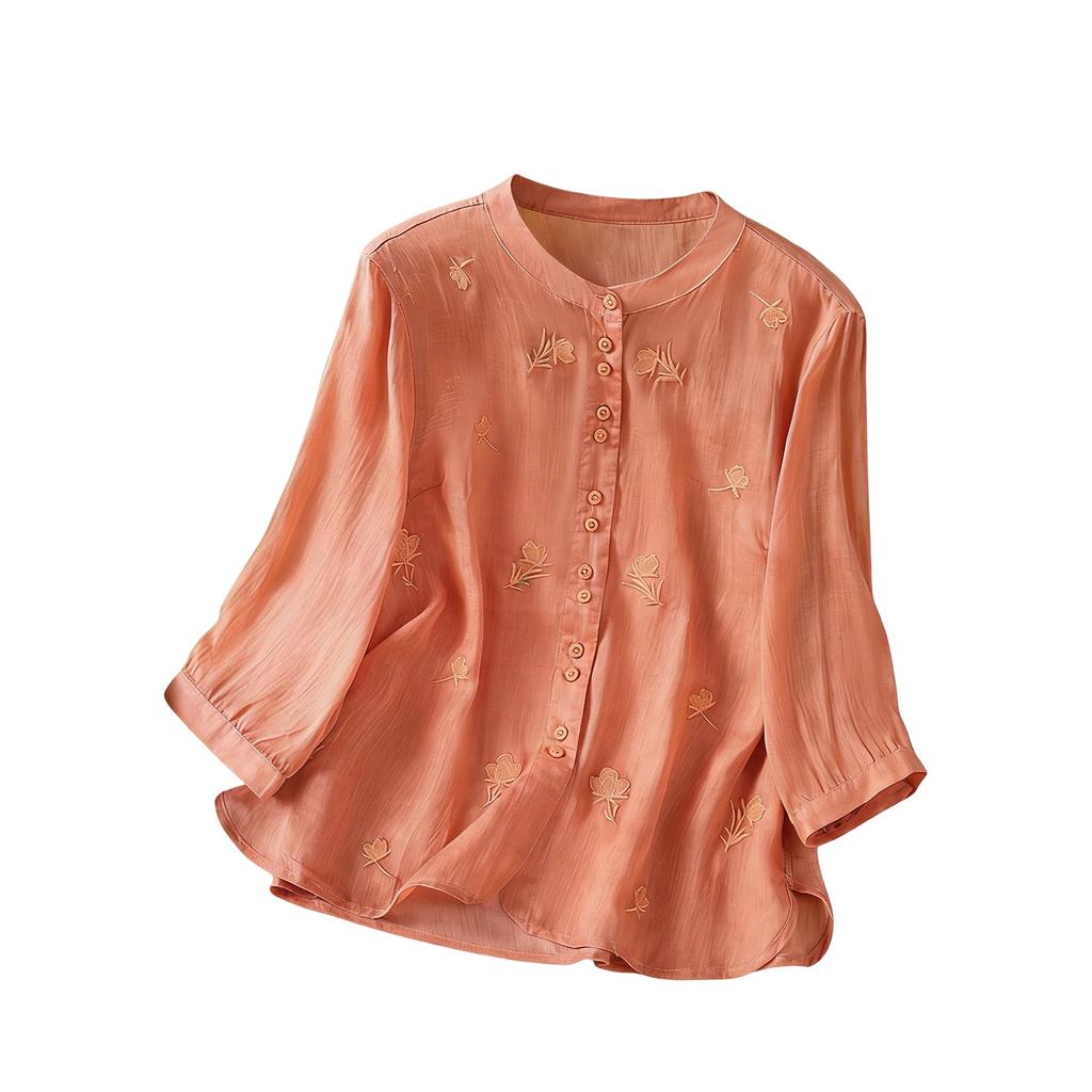 Women's Retro Cotton Linen Embroidered Thin Linen Three-Quarter Sleeve Top