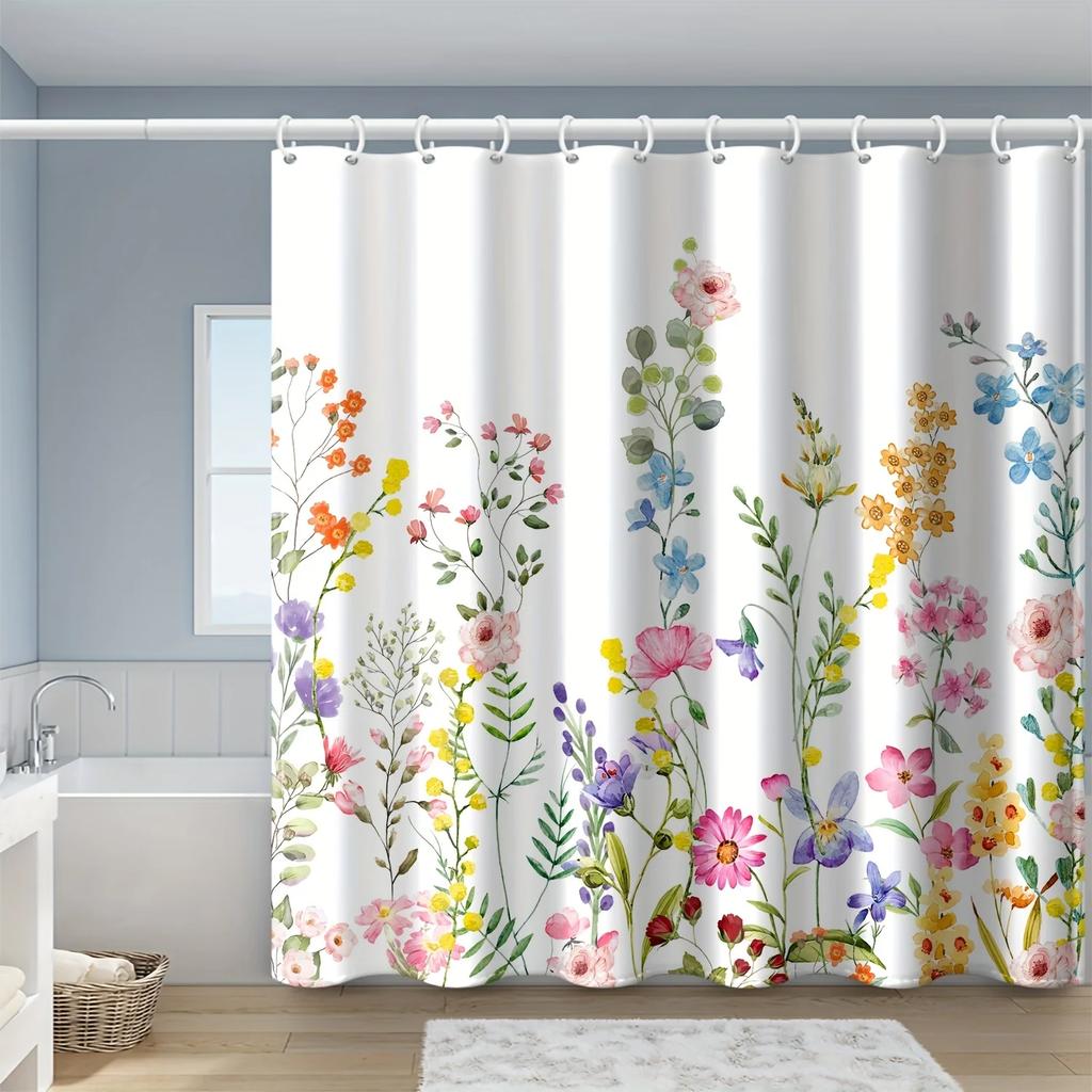 1Pc 180X180Cm Water-Resistant Floral Shower Curtain - Polyester, 12 Hooks, All-Season, Machine Washable, Flower Pattern