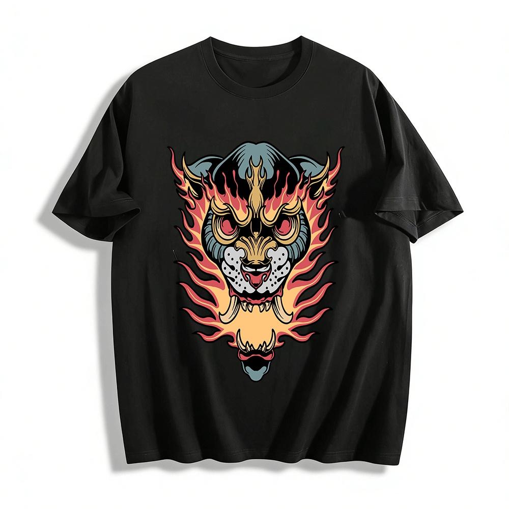 Fierce Flame Beast Print Trendy Street Style Casual Top Pure cotton T-shirt XXS