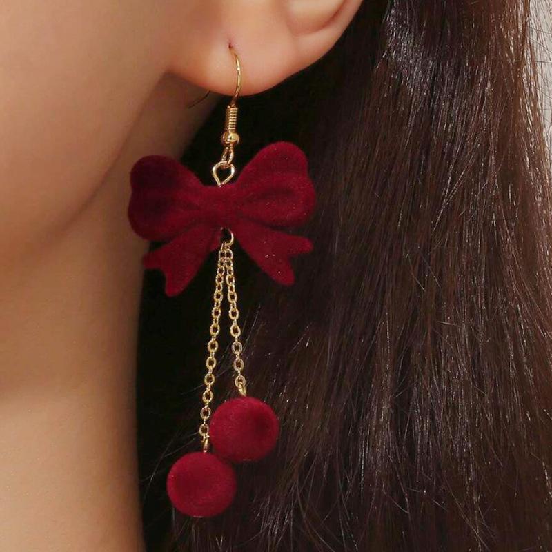 Бордово-черные бархатные серьги с бахромой, простой милый бант, серьги с бахромой, длинные красный