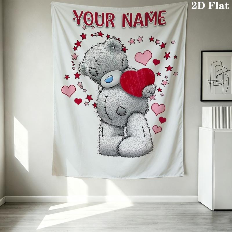 Custom Name Tatty Teddy Pattern Wall Tapestry Aesthetic Wall Hanging Printed Fabric Blanket Decorative Tapestries for Bedroom Living Room Home Decor