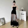 French Style Black Halter Neck Dress Sheer Mesh Sexy Bodycon Long Dress for Women