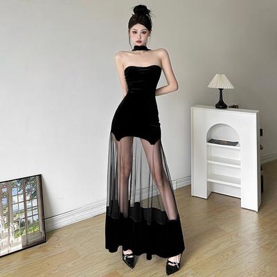 French Style Black Halter Neck Dress Sheer Mesh Sexy Bodycon Long Dress for Women