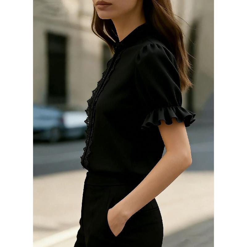 2026 New Summer Stand Collar Lace Patchwork Puff Sleeve Short Sleeve Shirt for Women