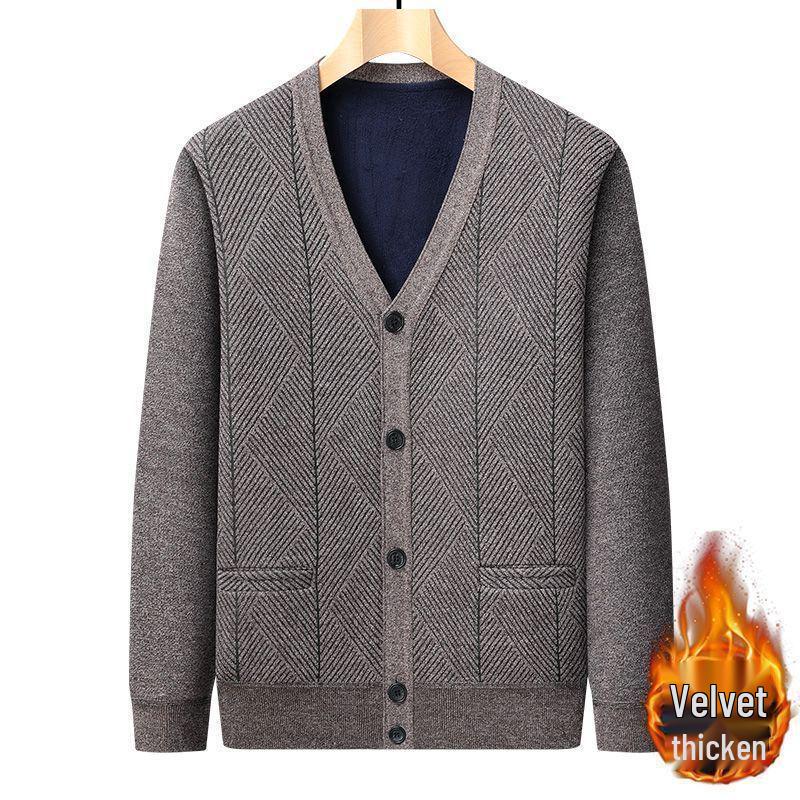 Men's V-Neck Thick Fleece Cardigan: Warm Knitwear for Dad and Grandpa
