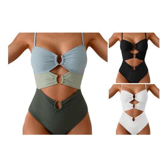 Monokini Soutien-gorge Push-Up à Armatures Ensemble Bikini Une Pièce avec Boucles Métalliques Design Creux Maillot de Bain Sexy à Bretelles Décolleté en V Dos Nu