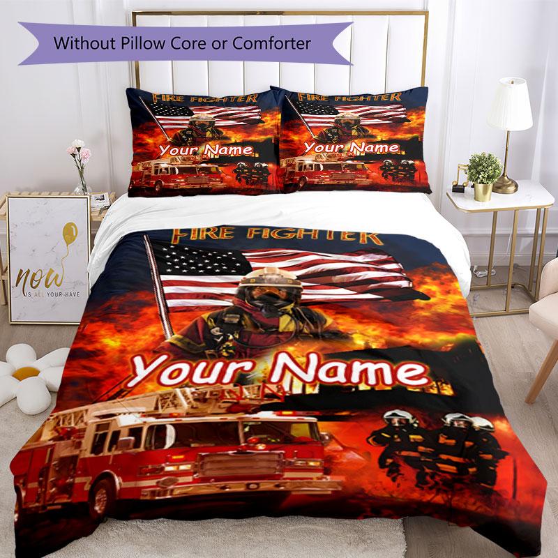 3PC Custom Name Firefighter Poster Bedding Set Duvet Cover Closure Includes 1 Duvet Cover & 2 Pillowcases for Bedroom