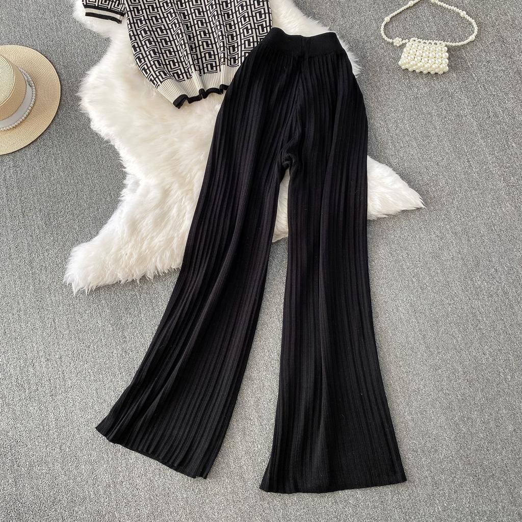 Summer Women Designer Print Knitted Sweater Trouser Two Piece Set Short Sleeve Pullover Tops and Wide Leg Pleated Pant Set