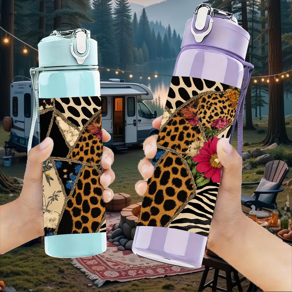 1 PZ Borraccia Sportiva in Plastica da 750 ml con Texture Animalier Floreale, Tappo Flip con Cannuccia Anti-Goccia per Sport, Ufficio, Uso Domestico