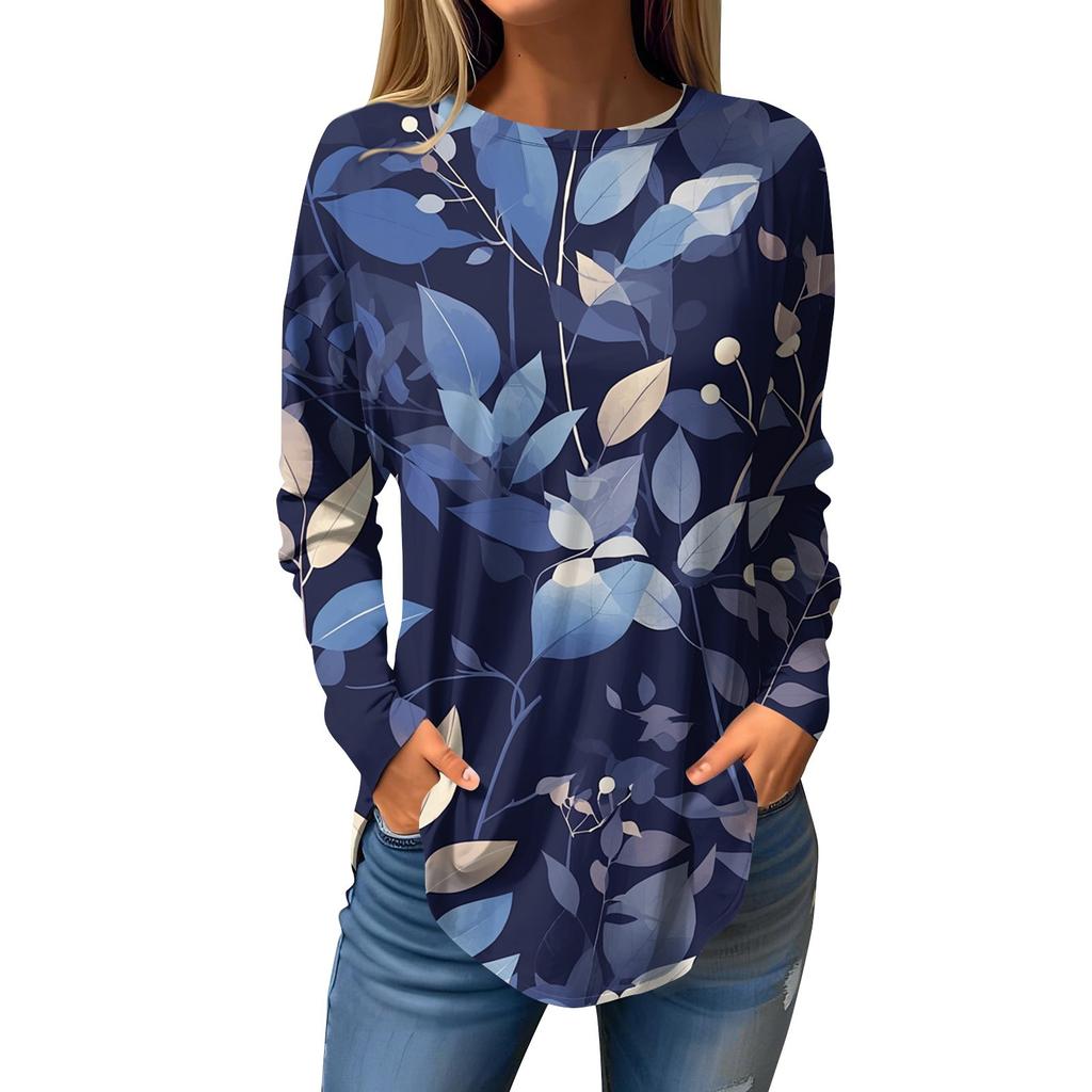 Women's  Loose Casual Flower Printed Round Neck Long Sleeved T Shirt Top Pullover Long Sleeved Sweatshirt