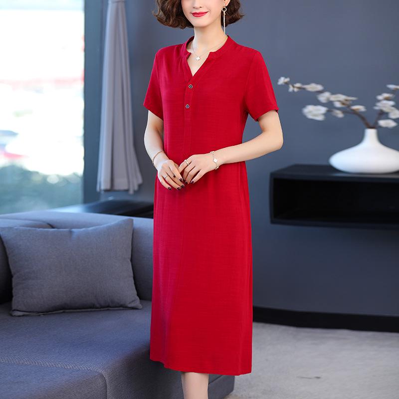 Women's Summer Over-the-Knee Loose Solid Color Dress in Cotton and Rayon