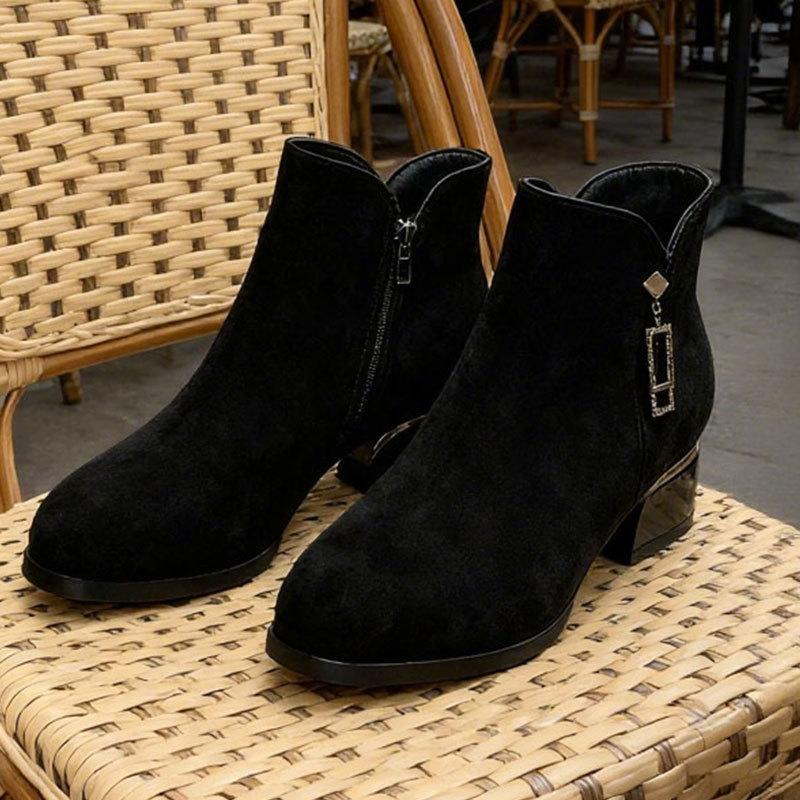 Soft Leather Short Boots Women's New Autumn and Winter Thick Heel Middle Heel Matte Suede Women's Shoes Round Head Velvet Leather Shoes