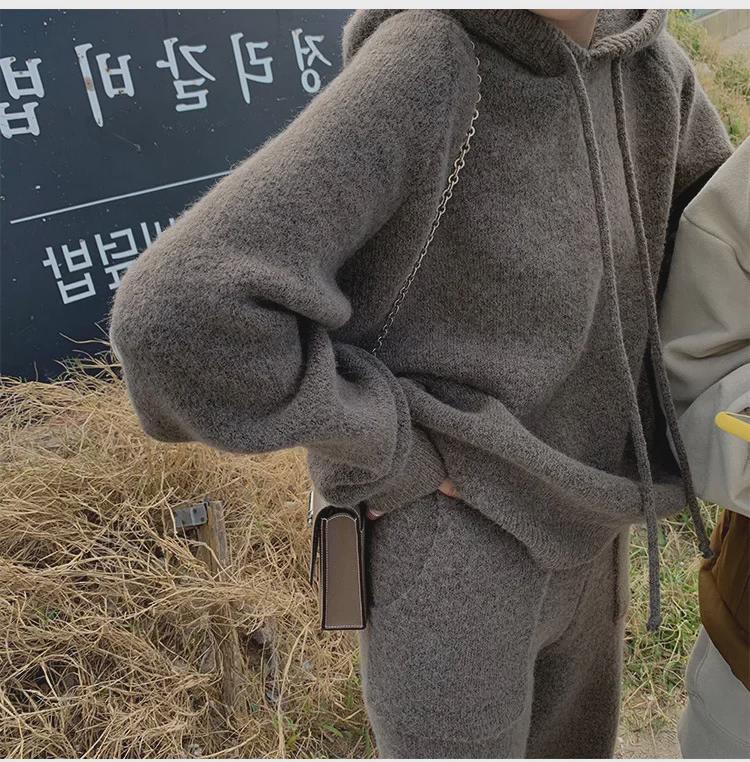Women's Fashion Knitted Suit: Loose Hooded Sweater & Carrot Leg Pants for Autumn/Winter 2023