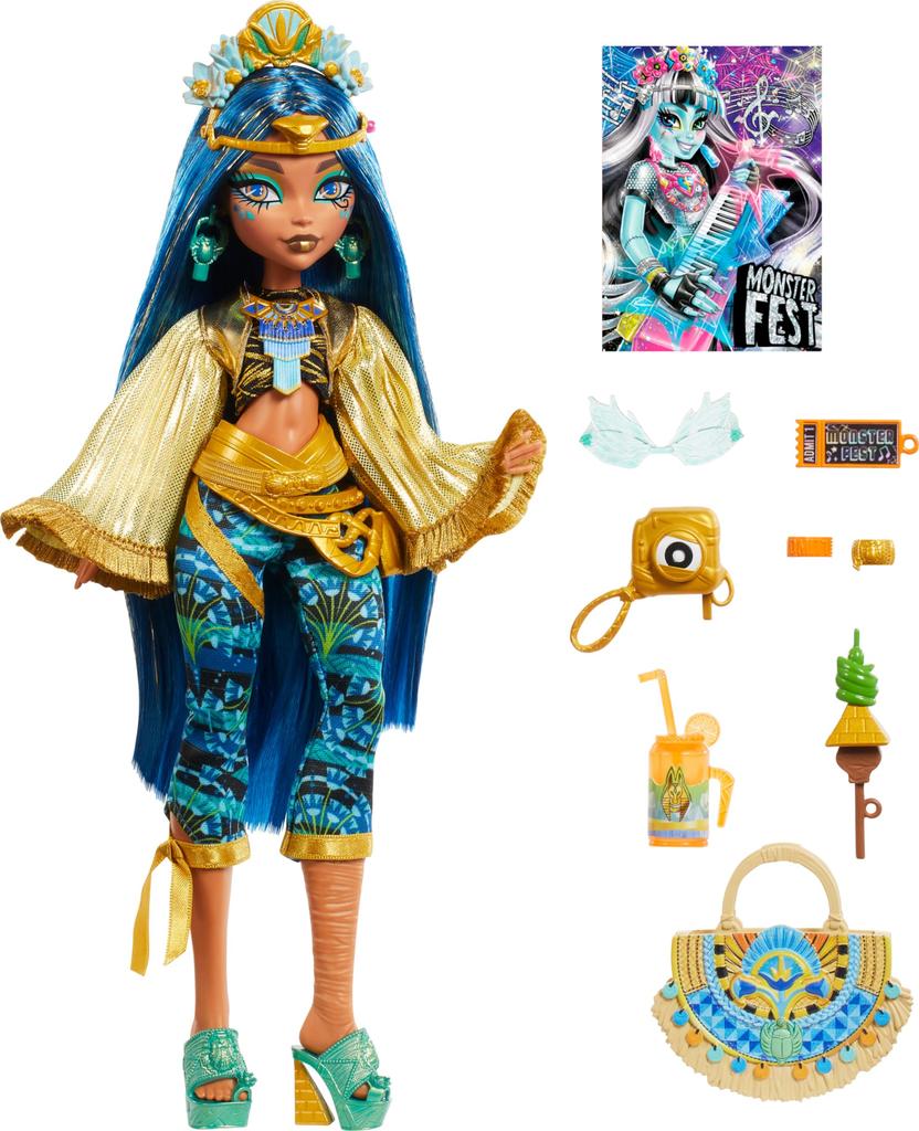 Monster High Monster Fest Cleo De Glam Outfits Band Statement Bags and Dolls, Nile, & Festival-themed Accessories, Snacks, Posters, More.