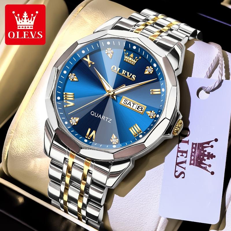 OLEVS Luxury Man Watch Solid Steel Strap Waterproof Men's Watches Fashion Rhombus Mirror Dual Calendar Quartz Wristwatches 9931