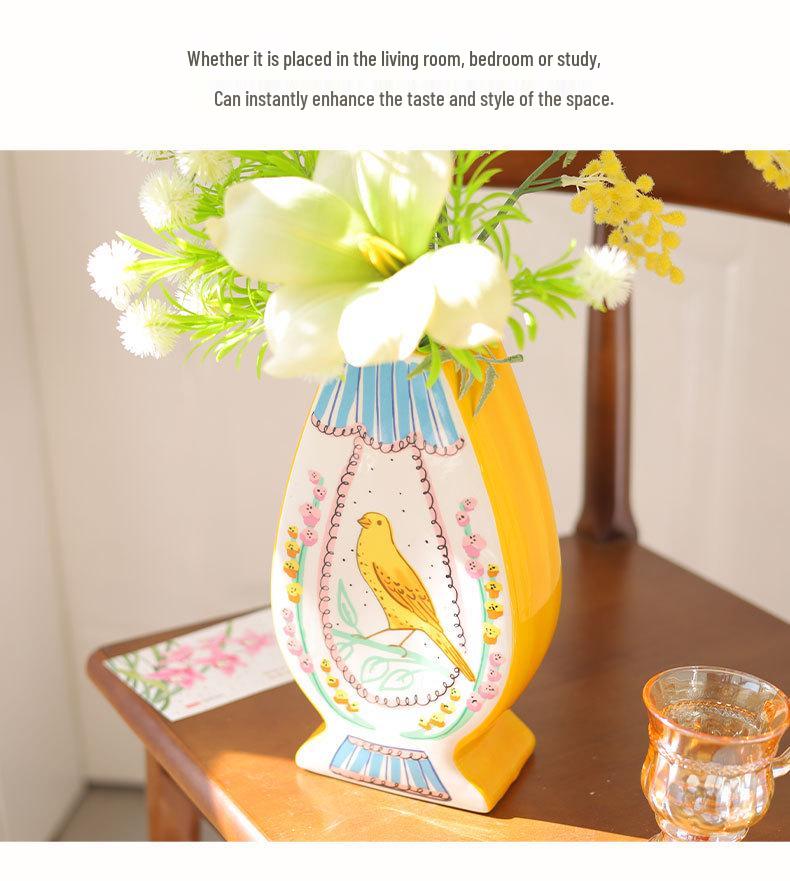 Nightingale and Rose Ceramic Vase: High-End Pastoral Flowers & Birds Ornament for Living Room