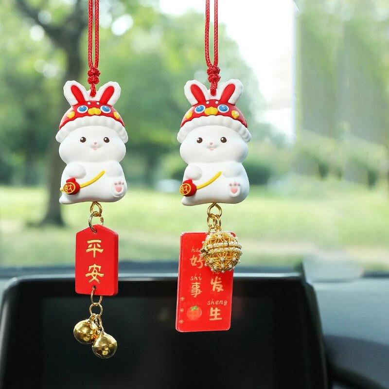 Cute Lucky Rabbit Car Pendant Amulet Blessing Rearview Mirror Hanging Alloy Key Bag Car Ornament Decor Couple Gift Xmas New Year