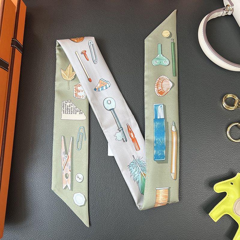 1 Stück Neuer Koreanischer Stil Griff Damen Köperdruck Schal Langes Band Haarband Halskette Schmaler Seidenschal Taschen Dekoration Zubehör