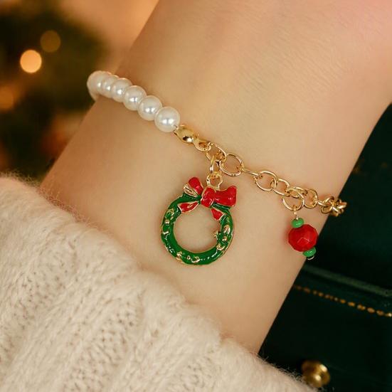 Holiday Outfit Decoration Christmas Beaded Charm Bracelet for Women, Faux Pearl Seasonal Fashion Wristband Beads Stackable Bracelet, Party