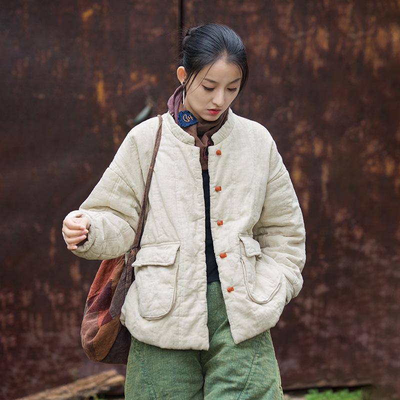 2025 Winter Women's Quilted Ramie Jacket with Frog Button and Stand Collar