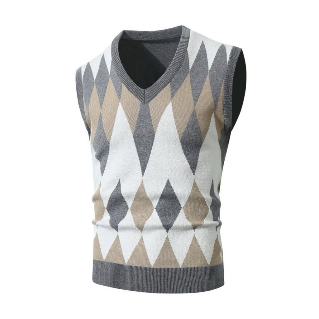 Men's Fashion V-Neck Sleeveless Knitted Vests Sweater Patchwork Color Casual Lined Vest Men's Tops
