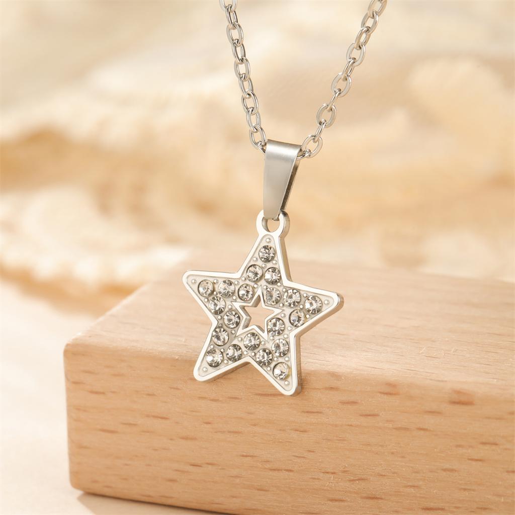 Rhinestones Heart Necklace for Women Stainless Steel Fashion Pentagram Star Pendant Chain Valentine's Day Jewelry Gift
