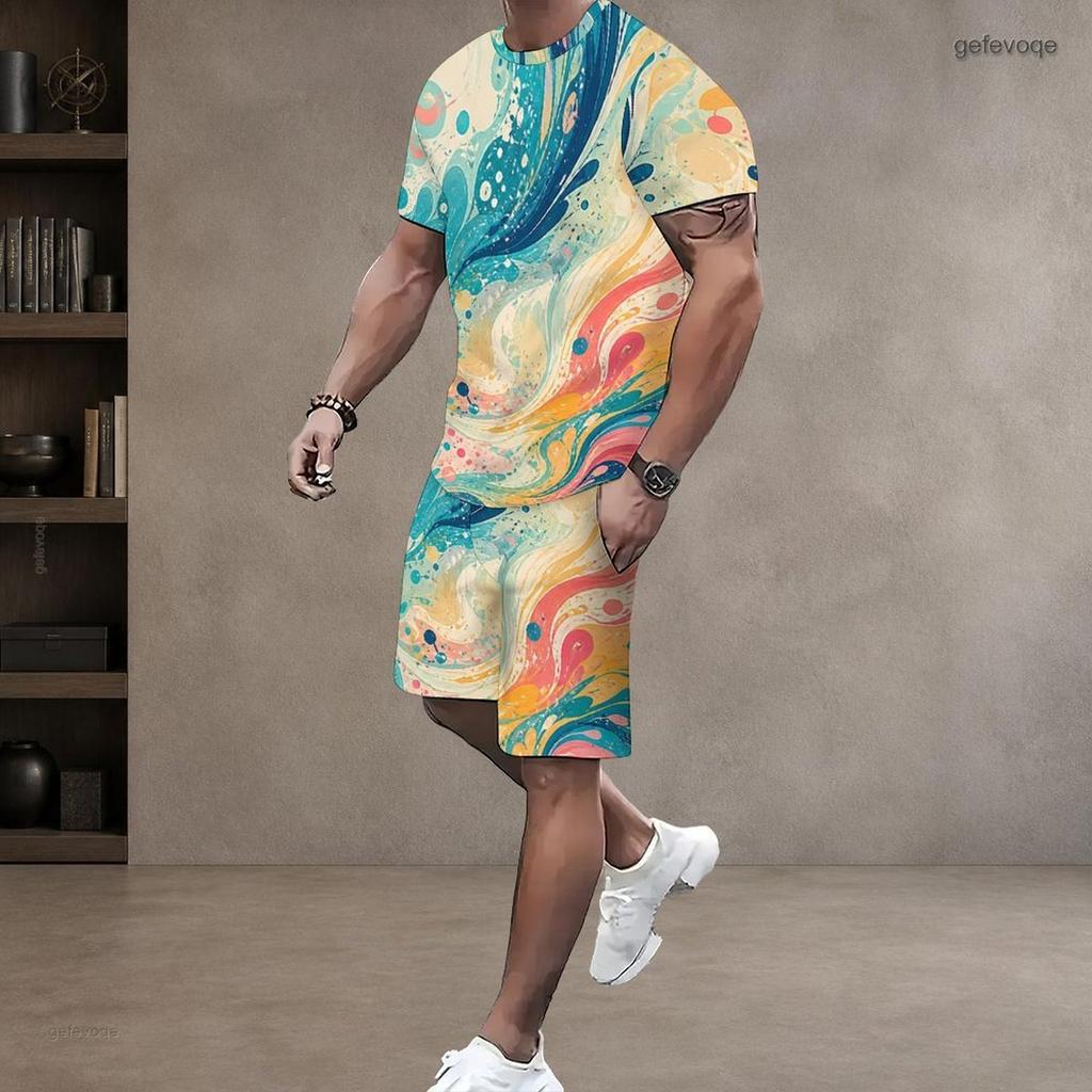 Men s Plus Size Colorful Swirl Printed Round Neck Short Sleeve T Shirt And Shorts Two Piece Set